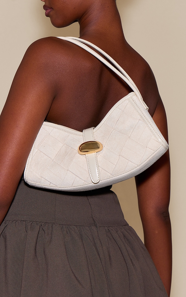 Cream Faux Suede Weave Buckle Shoulder Bag
