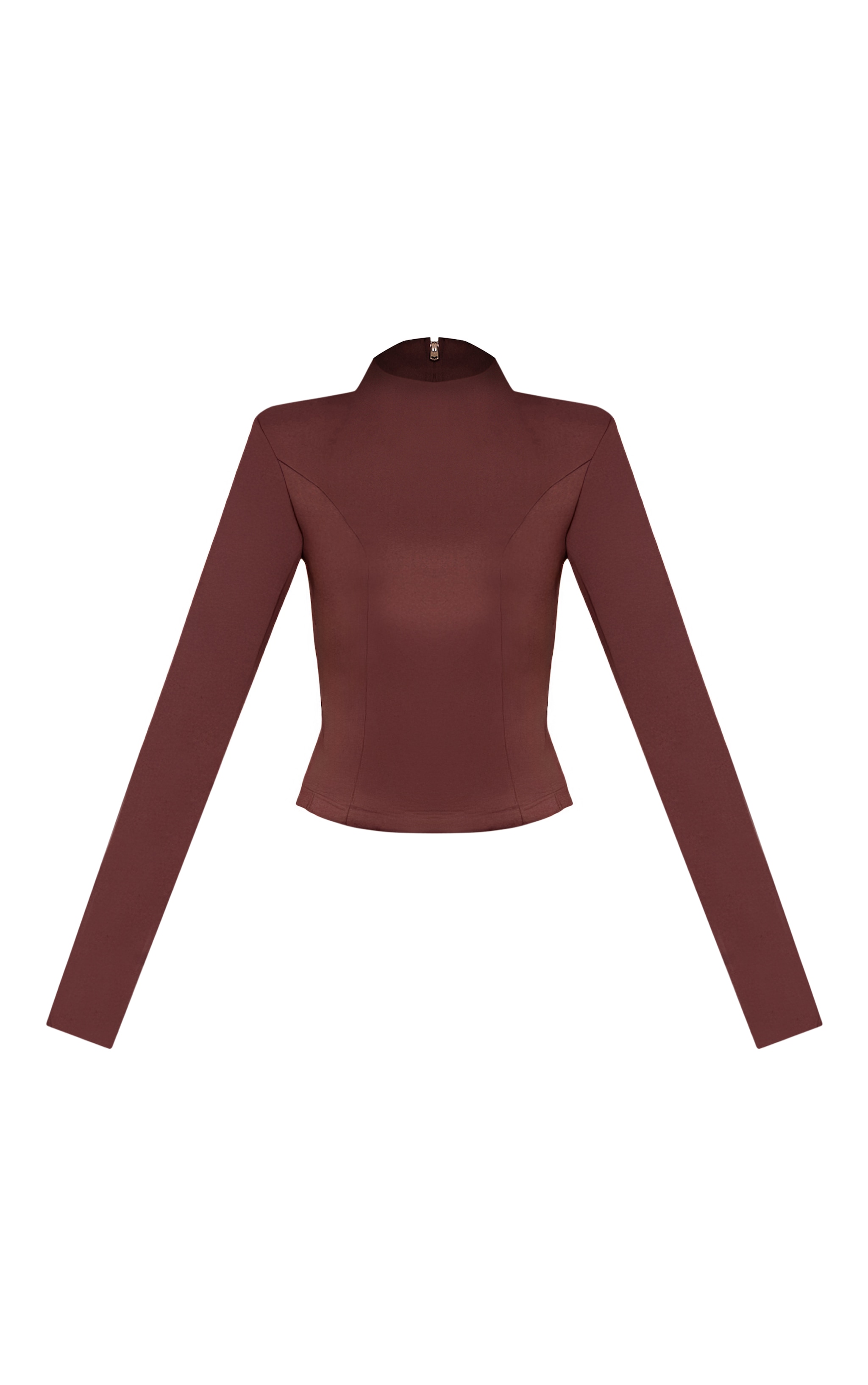 Dark Brown Twill Tailored High Neck Long Sleeve Top image 5