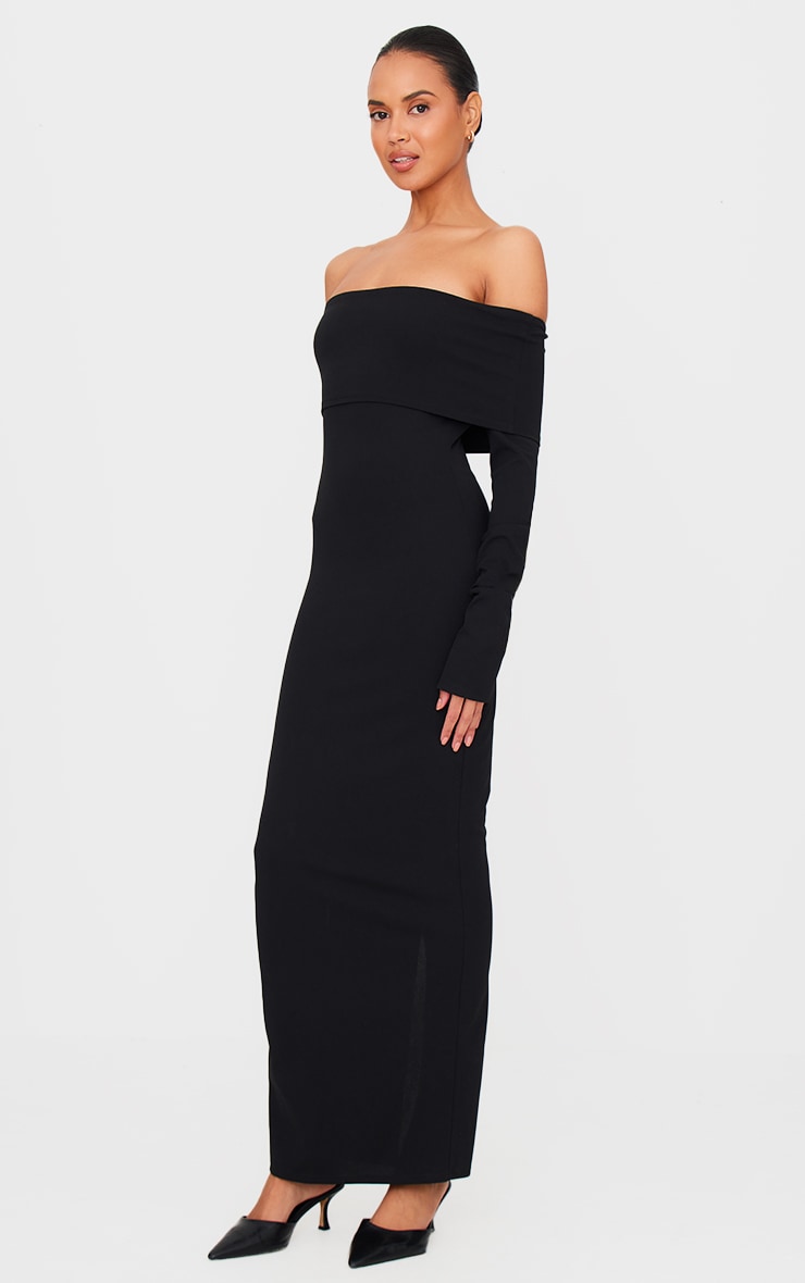 Black Crepe Long Sleeve Bardot Maxi Dress image 3