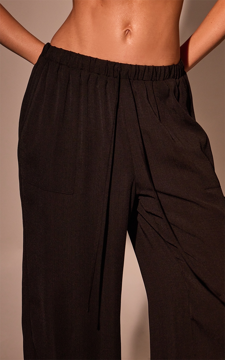 Black Linen Look Drawstring Beach Trousers image 4