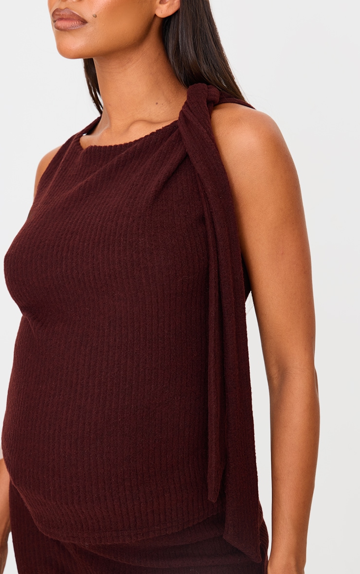 Maternity Chocolate Brushed Rib Tie Shoulder Top image 4