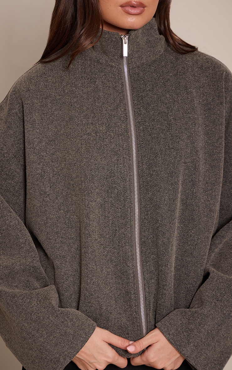 Charcoal Funnel Neck Ruched Sleeve Wool Bomber image 4