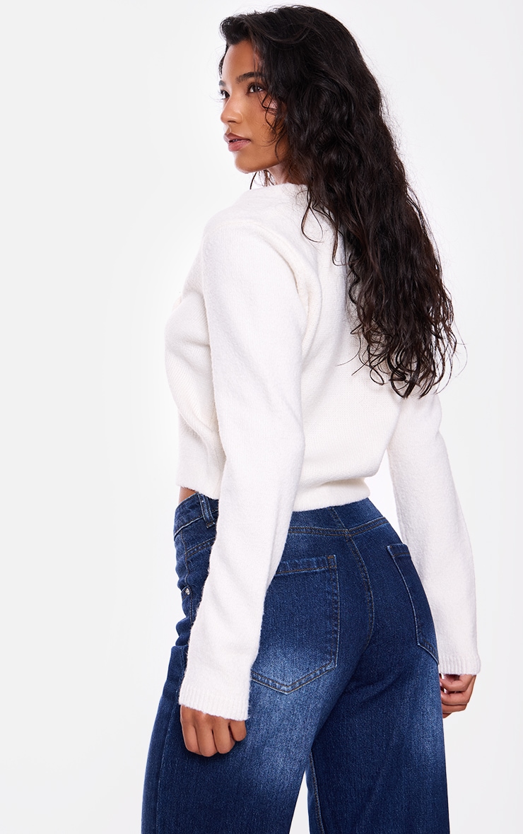 Cream Knit Asymmetric Button Up Cardigan image 2