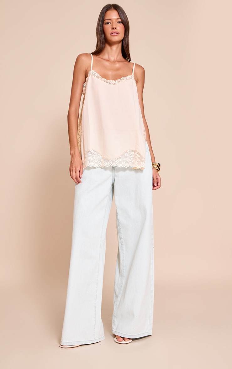 Cream Woven Lace Trim Detail Strappy Cami Top image 3