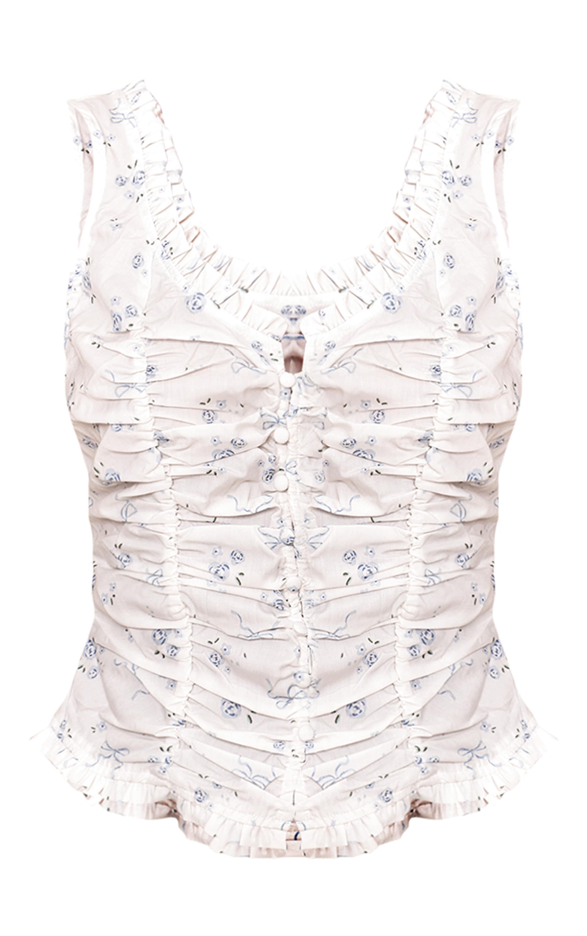 White Ditsy Floral Print Cotton Ruched Front Fitted Top image 5