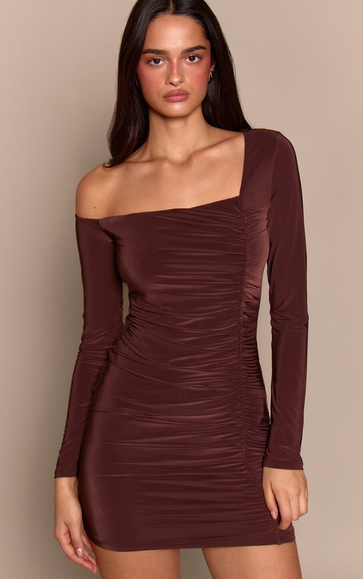 Chocolate Double Layer Slinky Asymmetric Ruched Long Sleeve Dress image 3