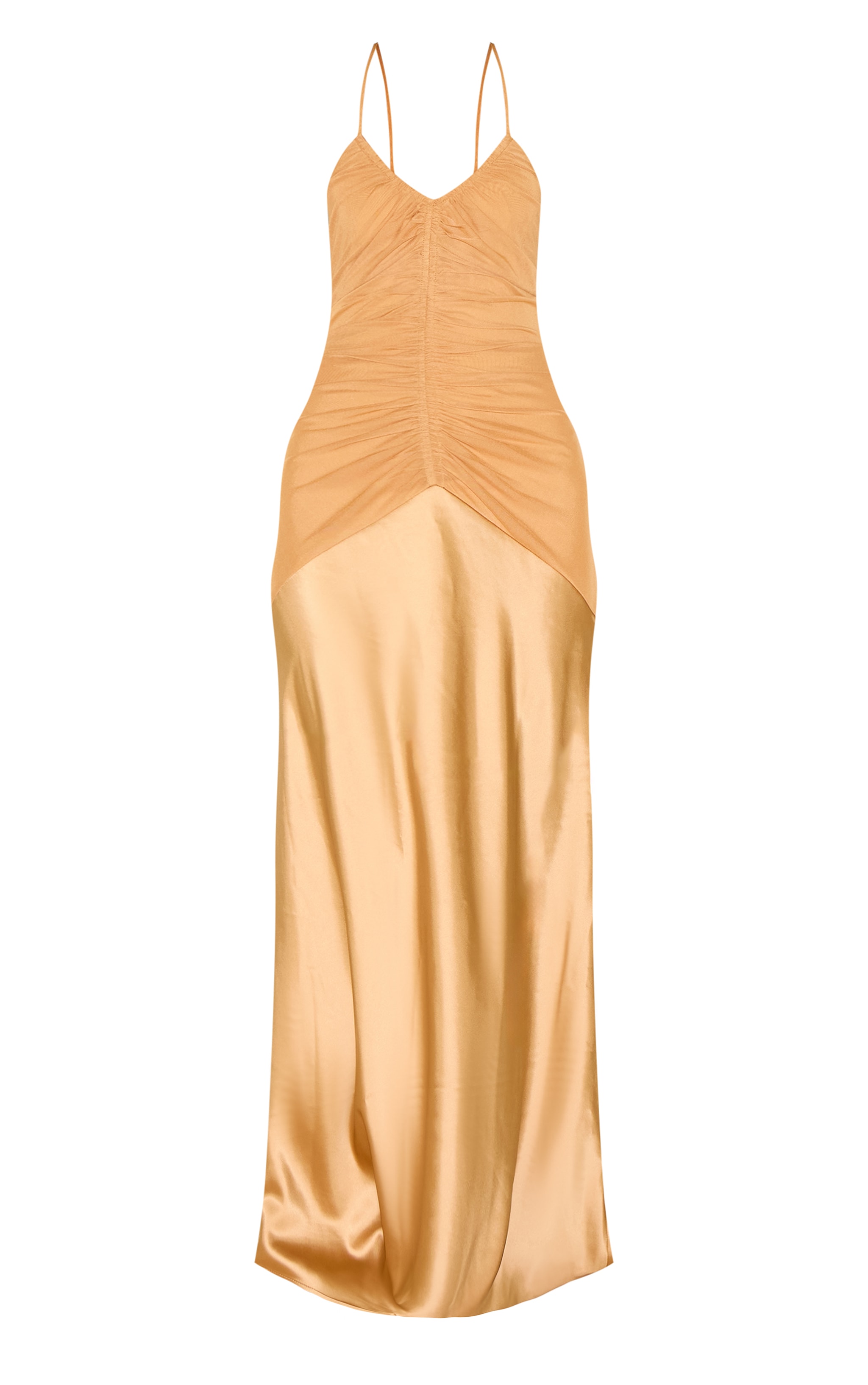 Robe longue style nuisette satinée moutarde à partie froncée image 5