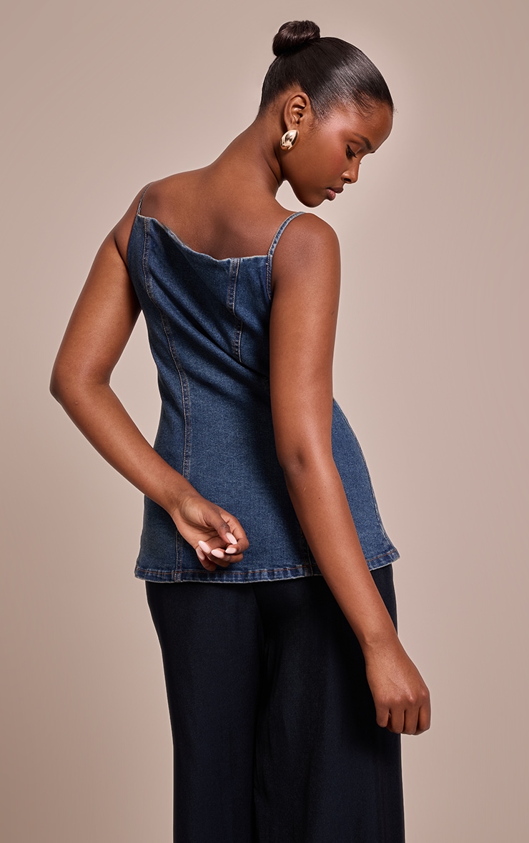 Dark Blue Gold Button Seam Detail Denim Cami Top image 2