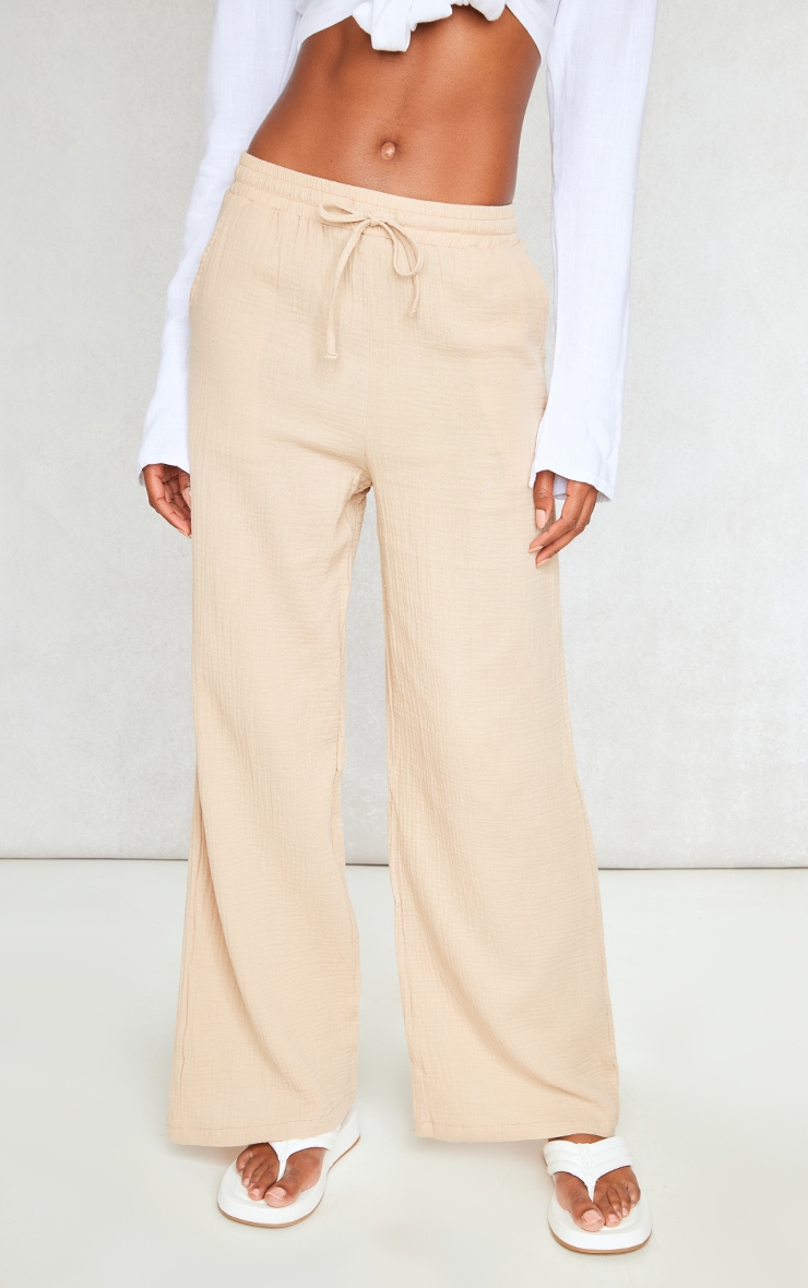 Stone Textured Cotton Cheesecloth Drawstring Waist Pants image 2