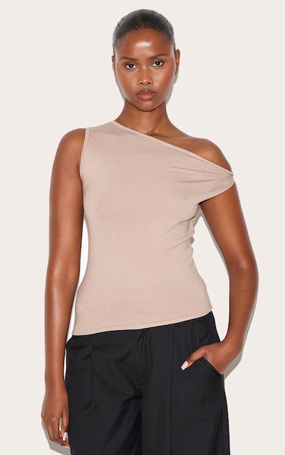 Taupe Basic Knit Asymmetric Hem Twist Sleeve Vest Top