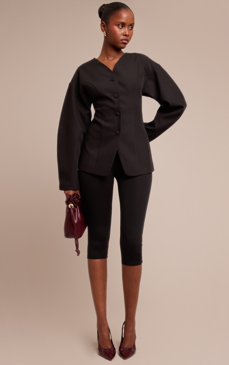 Black Collarless Fabric Covered Button Blazer image 3