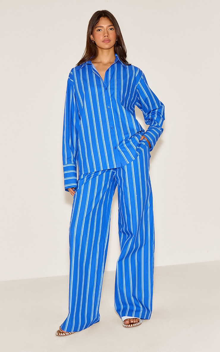 Blue Striped Cotton Poplin Wide Leg Pants image 1