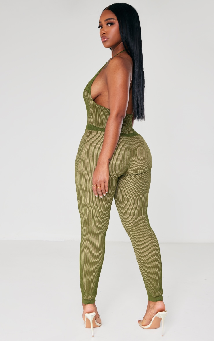  Shape Khaki Knit Halterneck Underbust Detail Jumpsuit image 2