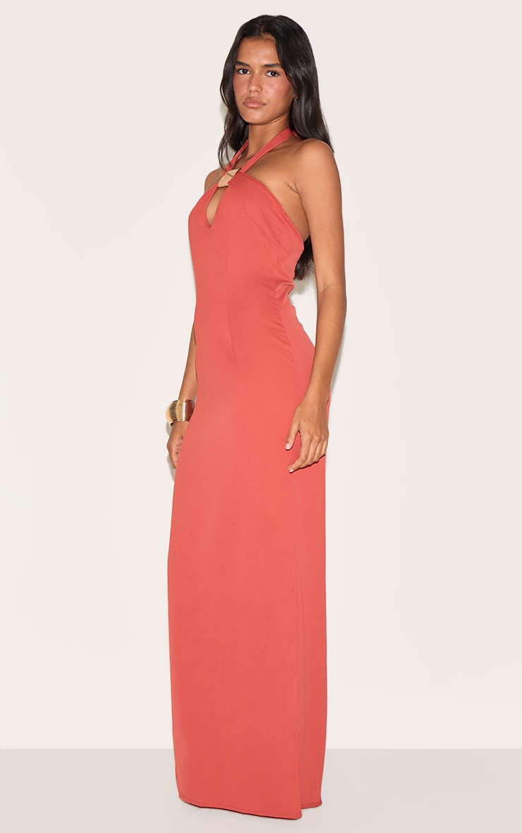 Rust Woven Halter Neck Trim Detail Maxi Dress image 3