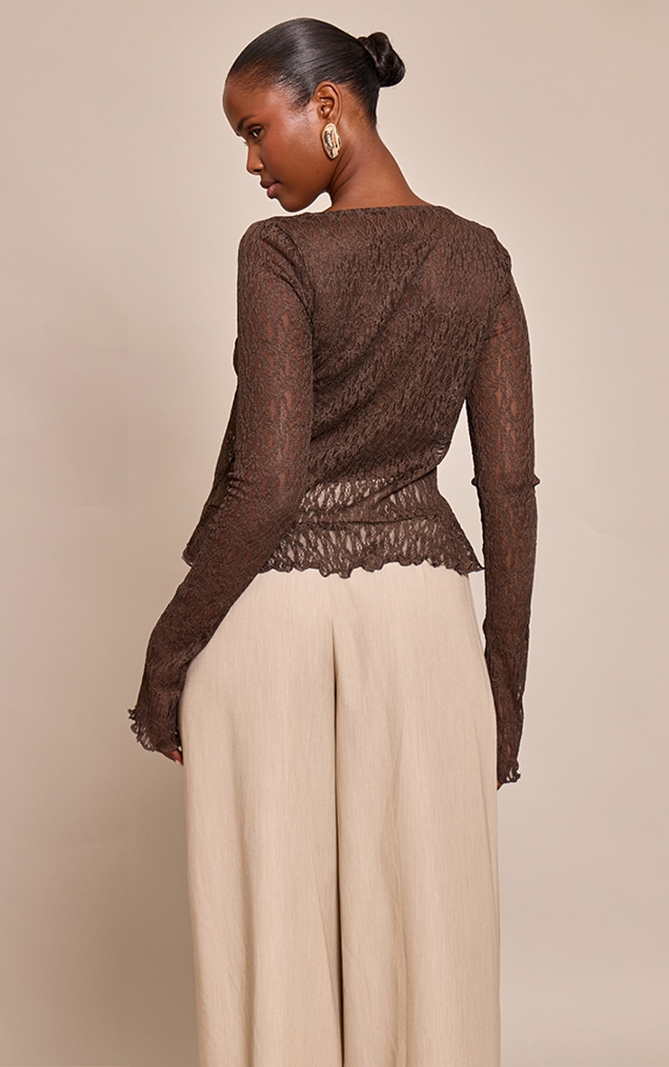 Chocolate Lace Tie Front Ruffle Long Sleeve Top image 2