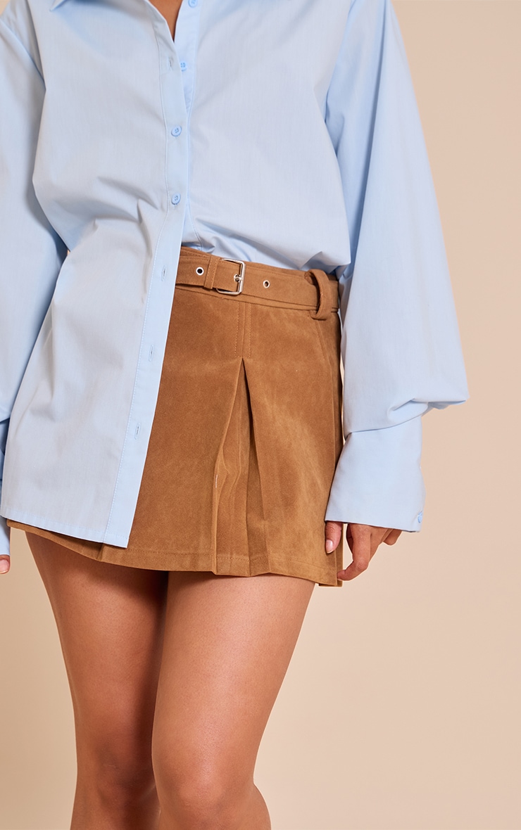 Camel Faux Suede Pleated Mini Skirt image 5