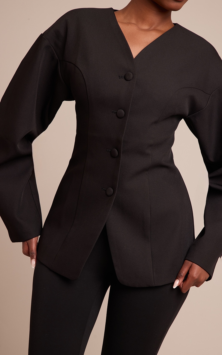 Black Collarless Fabric Covered Button Blazer image 4