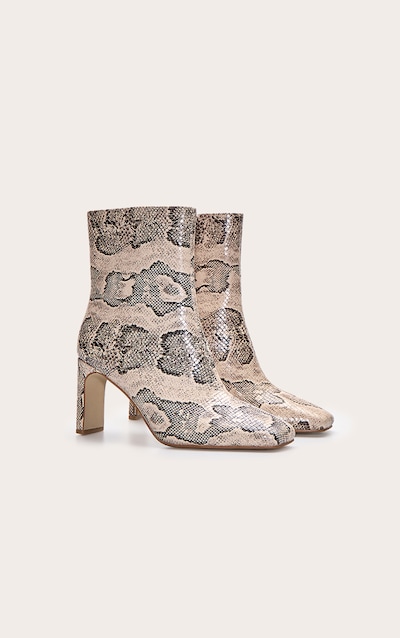 Natural Snake PU Slim Block Heel Ankle Boots