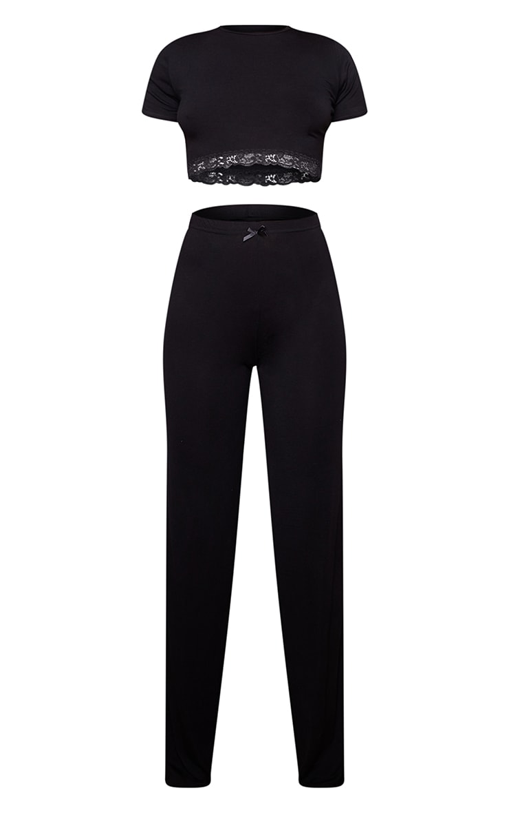 Black Jersey Lace Trim Long PJ Set image 5
