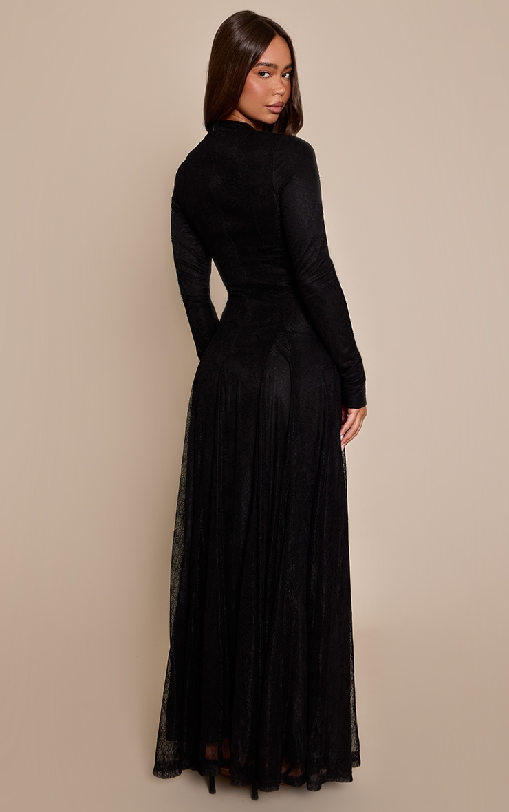 Black Lace Boat Neck Long Sleeve Godet Maxi Dress image 2