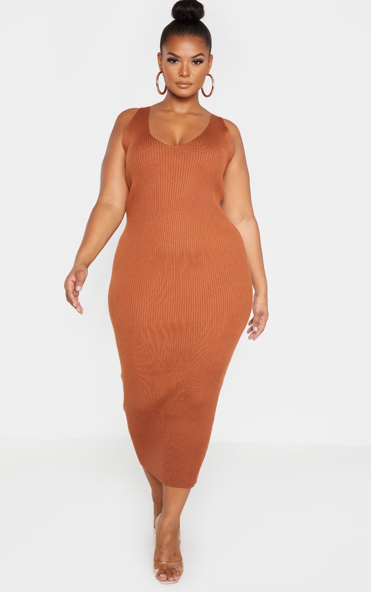 Plus Rust Knitted V Neck Midaxi Dress