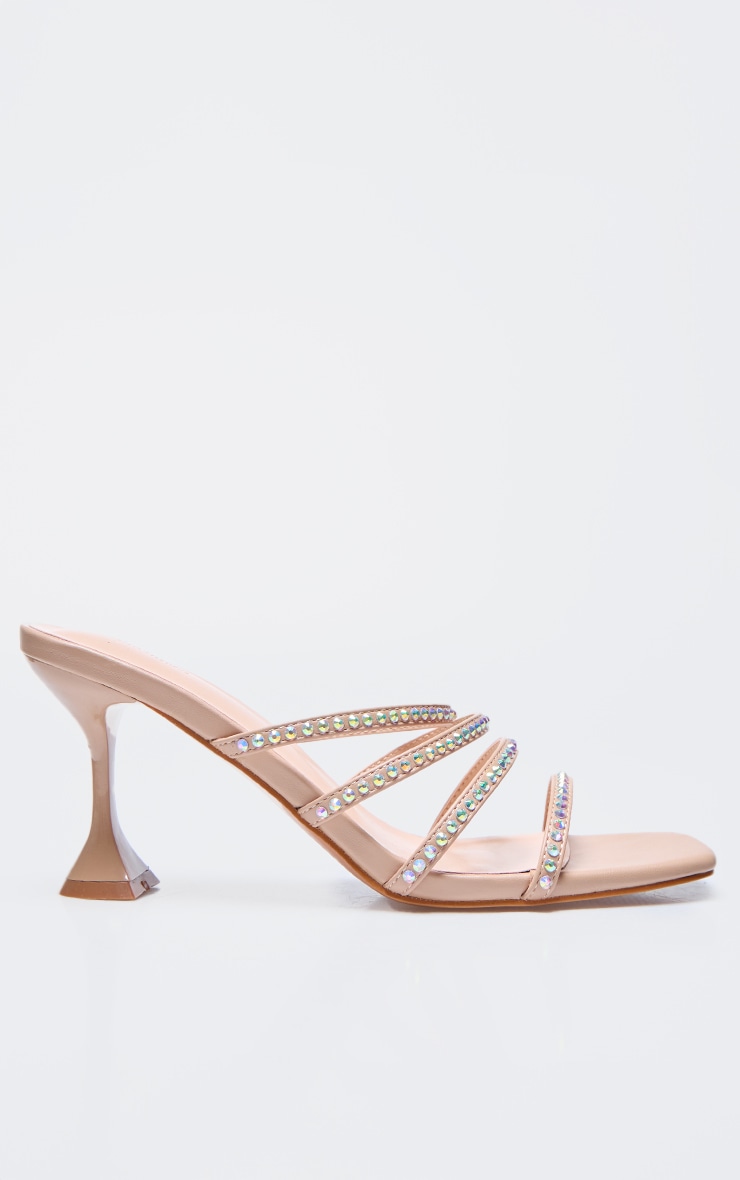Nude PU Point Toe Diamante Strappy Heeled Mules image 4