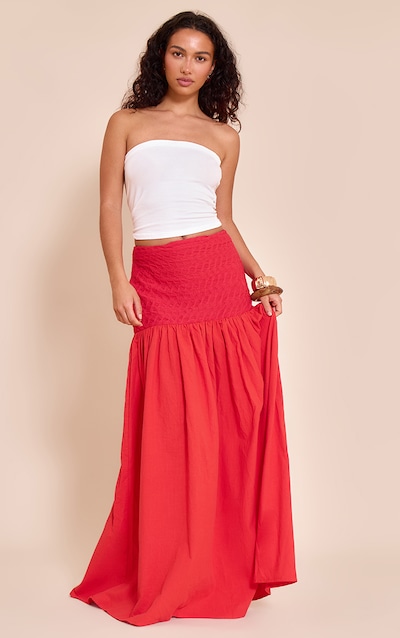 Red Textured Drop Waist Lightweight Woven Maxi Skirt