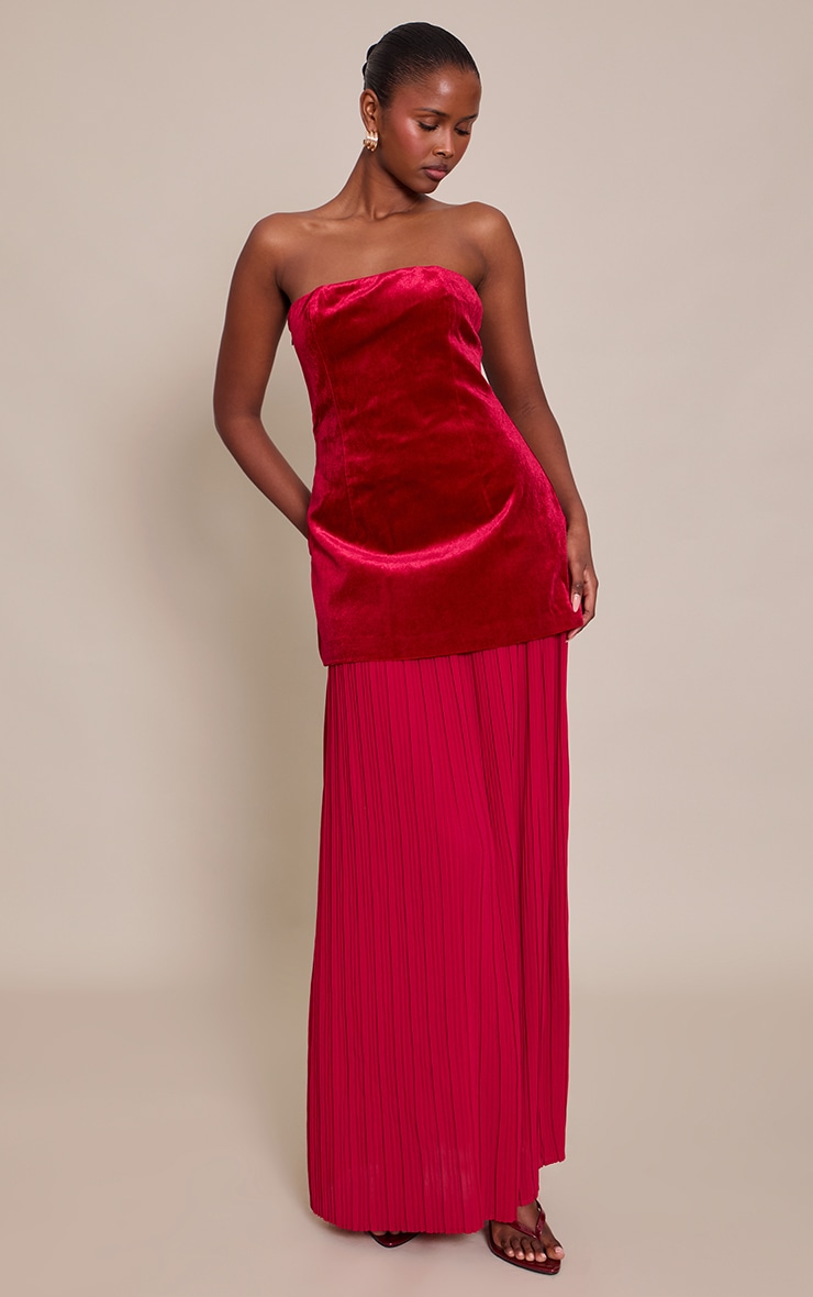 Wine Velvet Bandeau Pleated Chiffon Skirt Panel Maxi Dress image 3