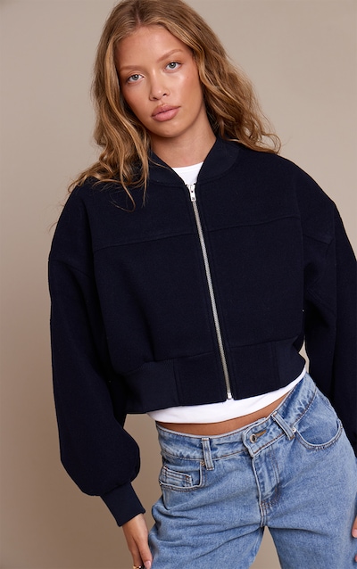 Navy Ruched Sleeve Cropped Bomber Jacket