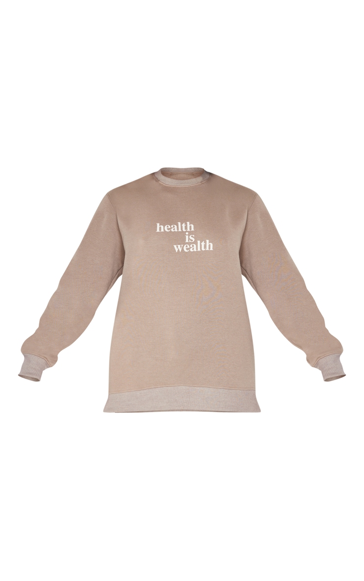 Taupe Health Is Wealth Slogan Printed Oversized Sweater image 5