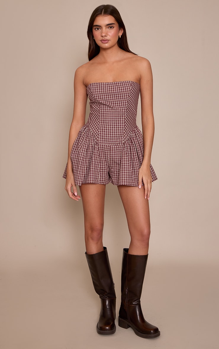Burgundy Check Print Woven Bandeau Playsuit image 3