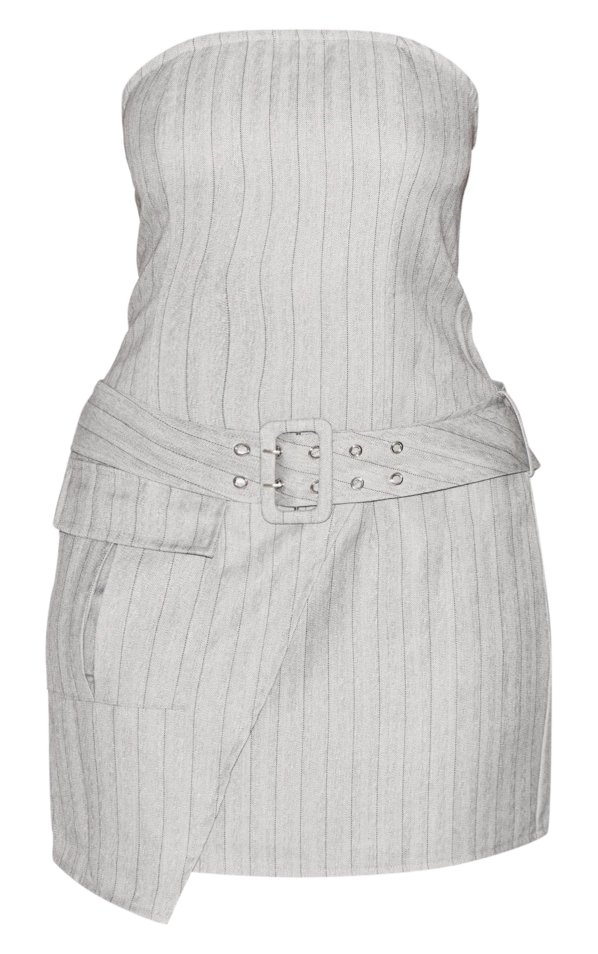 Grey Pinstripe Bandeau Belted Pocket Detail Shift Dress image 5