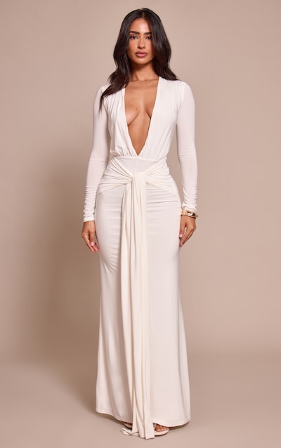 Petite Cream Double Layer Slinky Long Sleeve Ruched Tie Front Maxi Dress