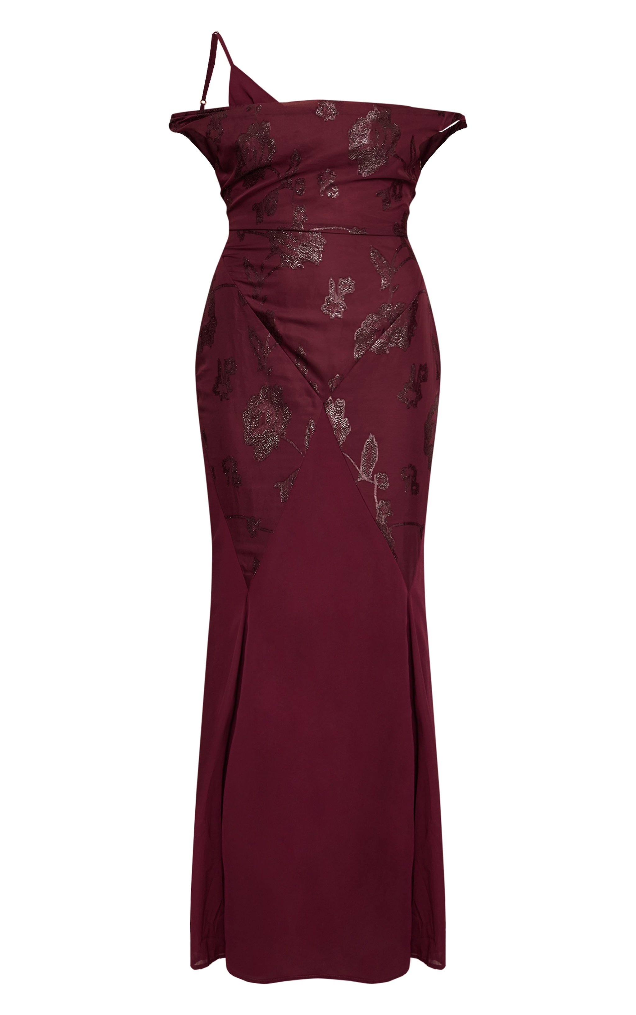Wine Textured Bardot Godet Maxi Dress image 5