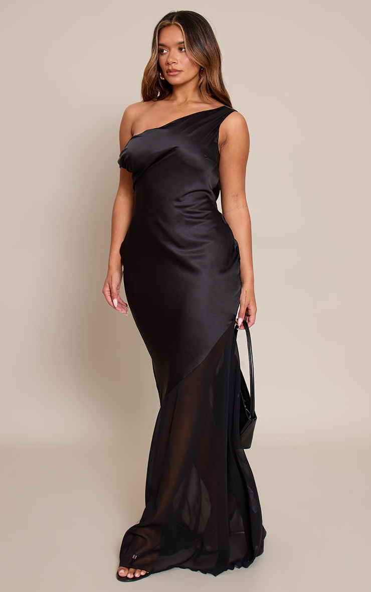 Shape Black Satin Off Shoulder Contrast Sheer Hem Maxi Dress image 3