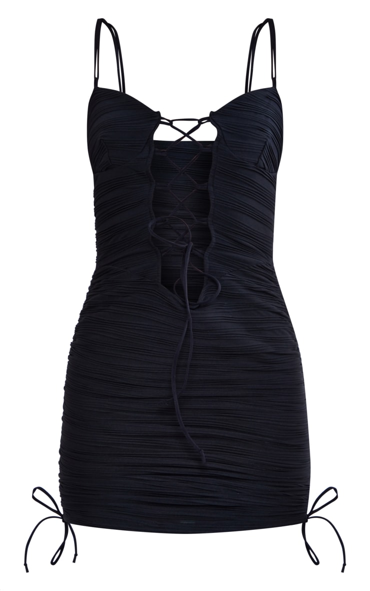 Black Textured Lace Up Detail Strappy Bodycon Dress image 5