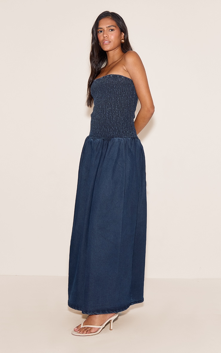 Indigo Drop Waist Denim Puffball Maxi Dress image 3