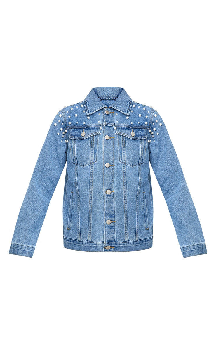 Light Wash Pearl Embellished Denim Jacket. Denim PrettyLittleThing USA