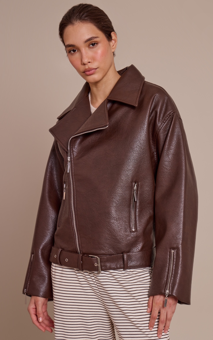 Brown Faux Leather Oversized Biker Jacket Outerwear PLT UAE