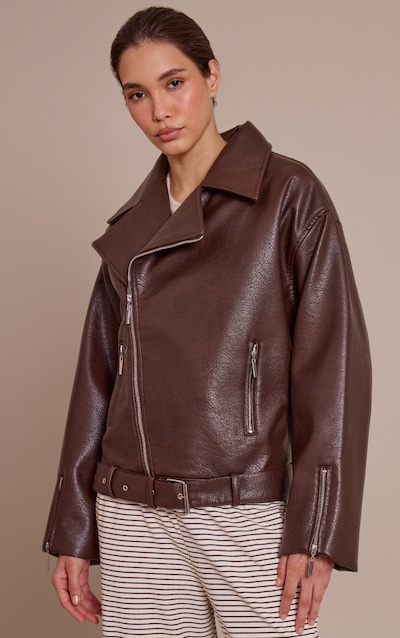 Brown Faux Leather Oversized Biker Jacket