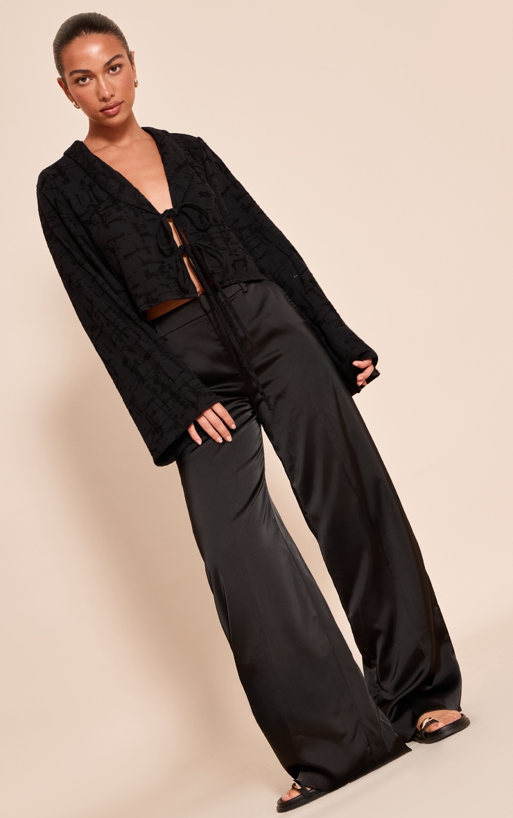 Black Textured Lightweight Woven Tie Front Shirt image 3