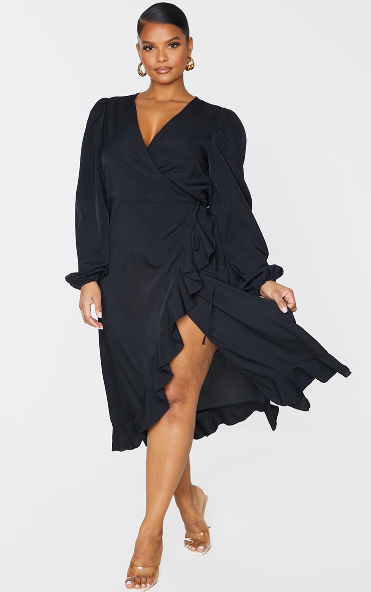 Plus Black Ruffle Wrap Front Midi Dress image 4