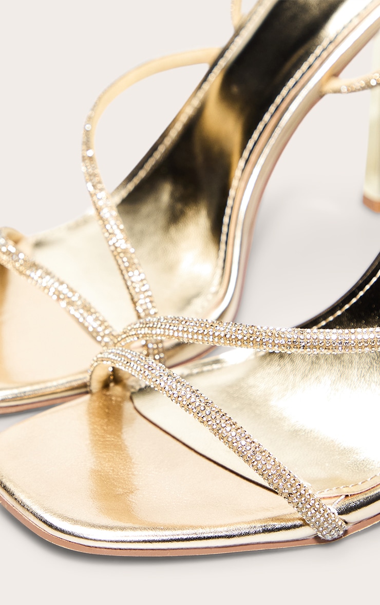 Gold PU Square Toe Diamante Asymmetric Strap High Heels image 5