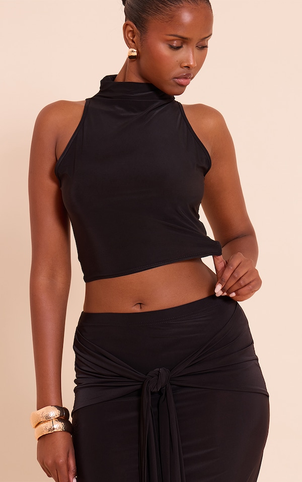 Black Slinky Funnel Neck Crop Top