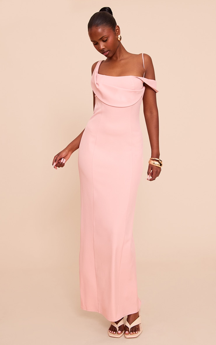 Robe longue tissée rose pâle à col carré image 3