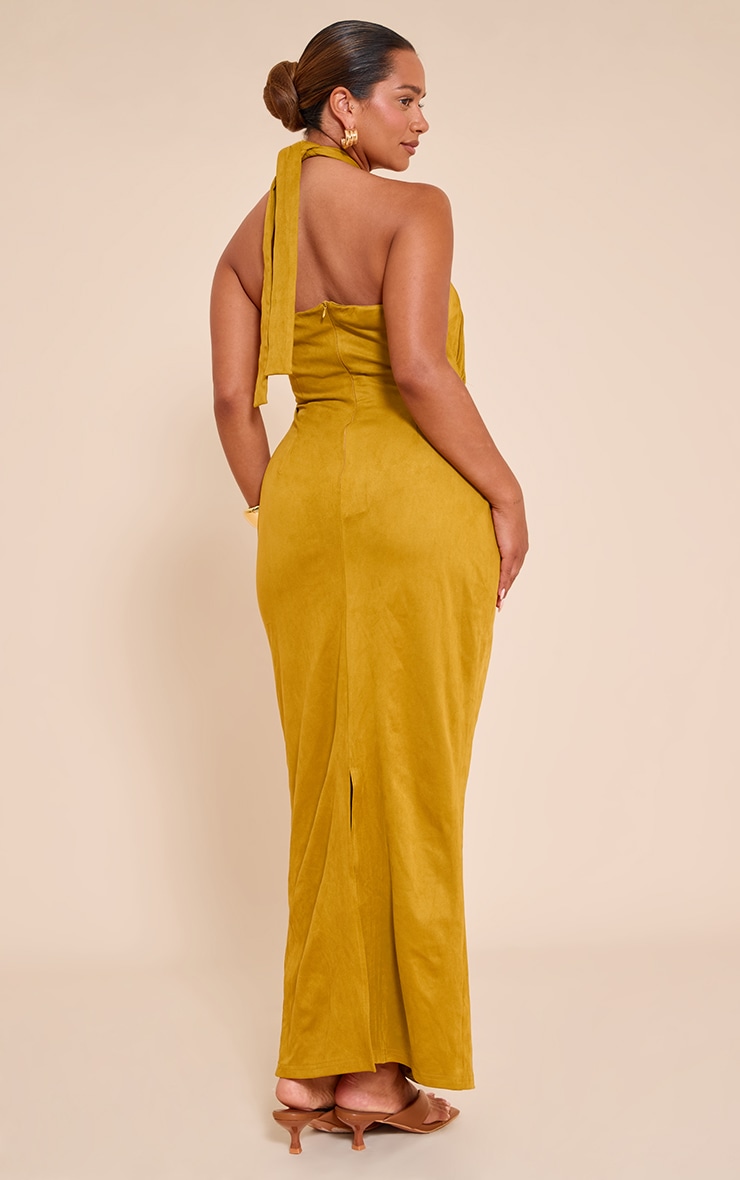 Shape Olive Faux Suede Gold Trim Halterneck Maxi Dress image 2