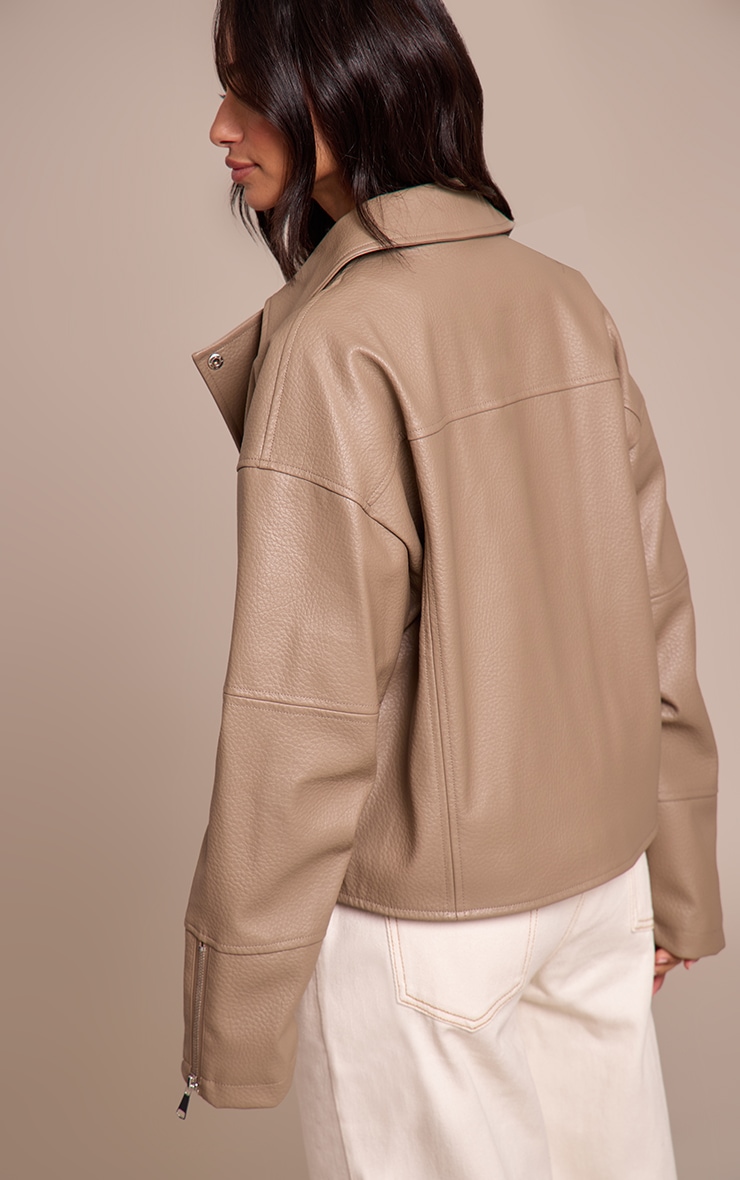 Petite Taupe Faux Leather Oversized Biker Jacket image 2