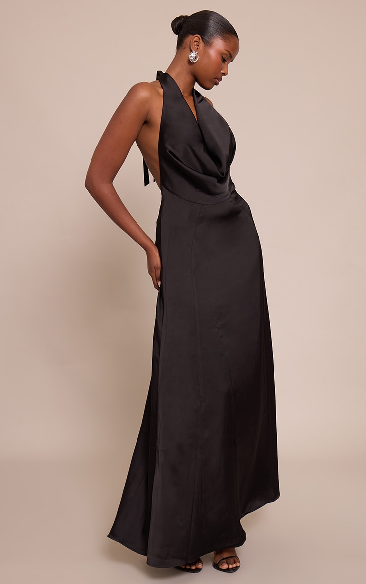Black Satin Cowl Neck Maxi Shift Dress image 3