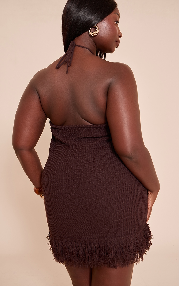 Plus Chocolate Halterneck Bead Detail Knit Mini Dress image 2