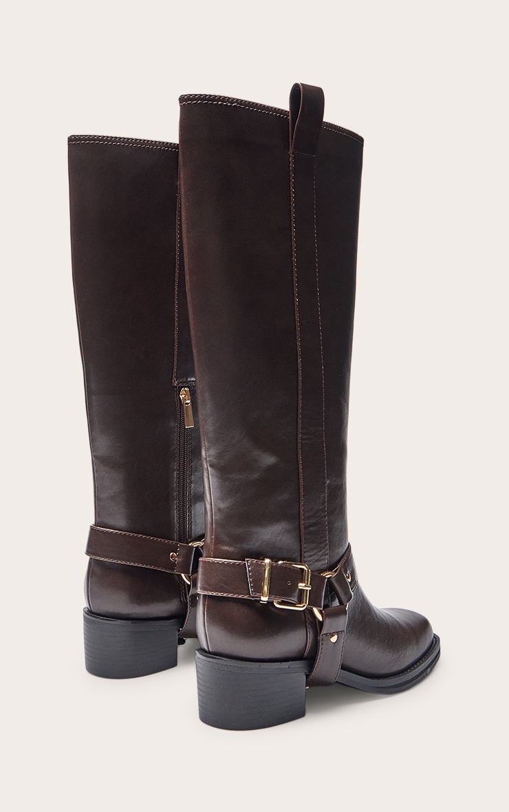 Chocolate PU Buckle Detail Knee High Boots image 4